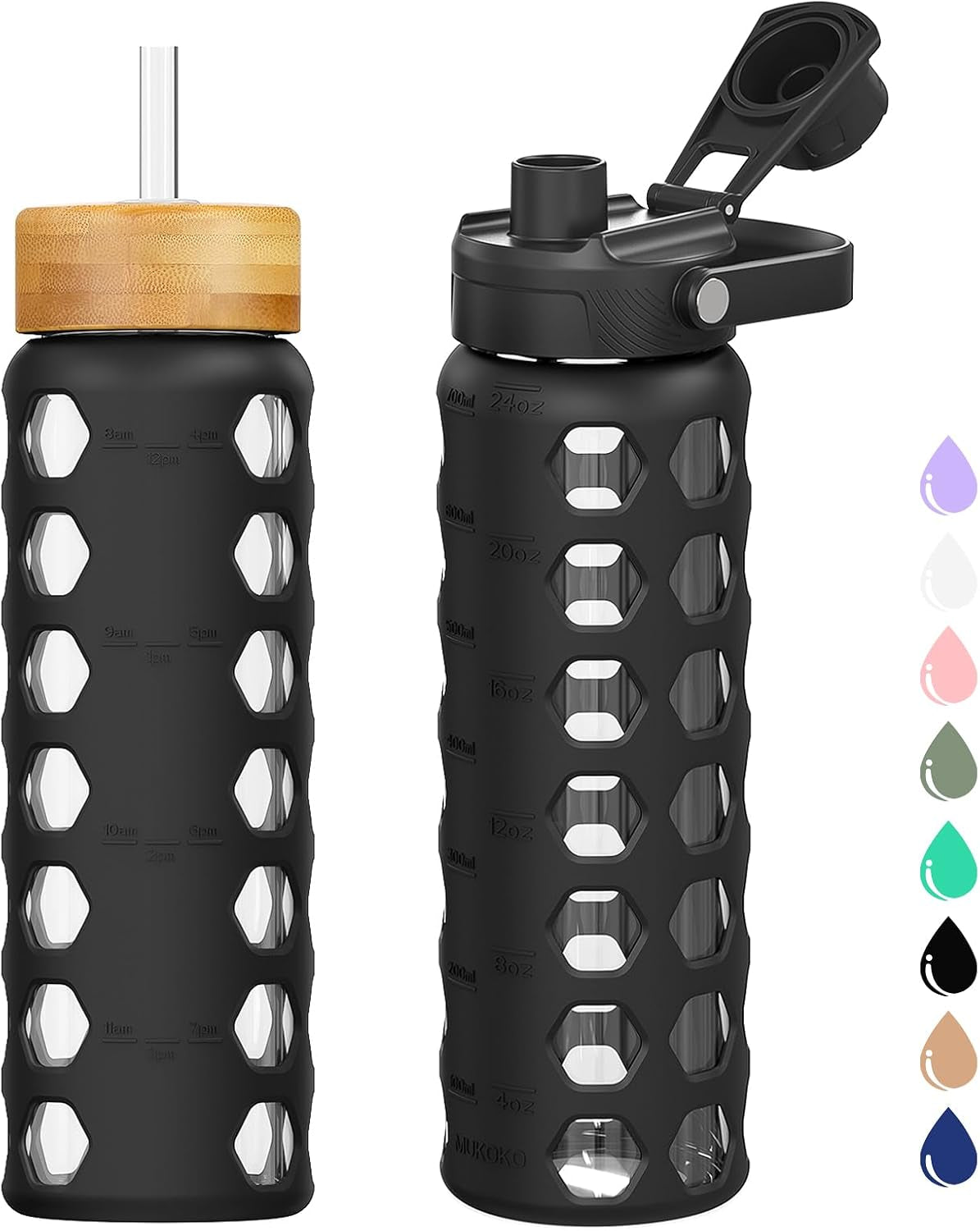 Glass Water Bottle, 24Oz, Black