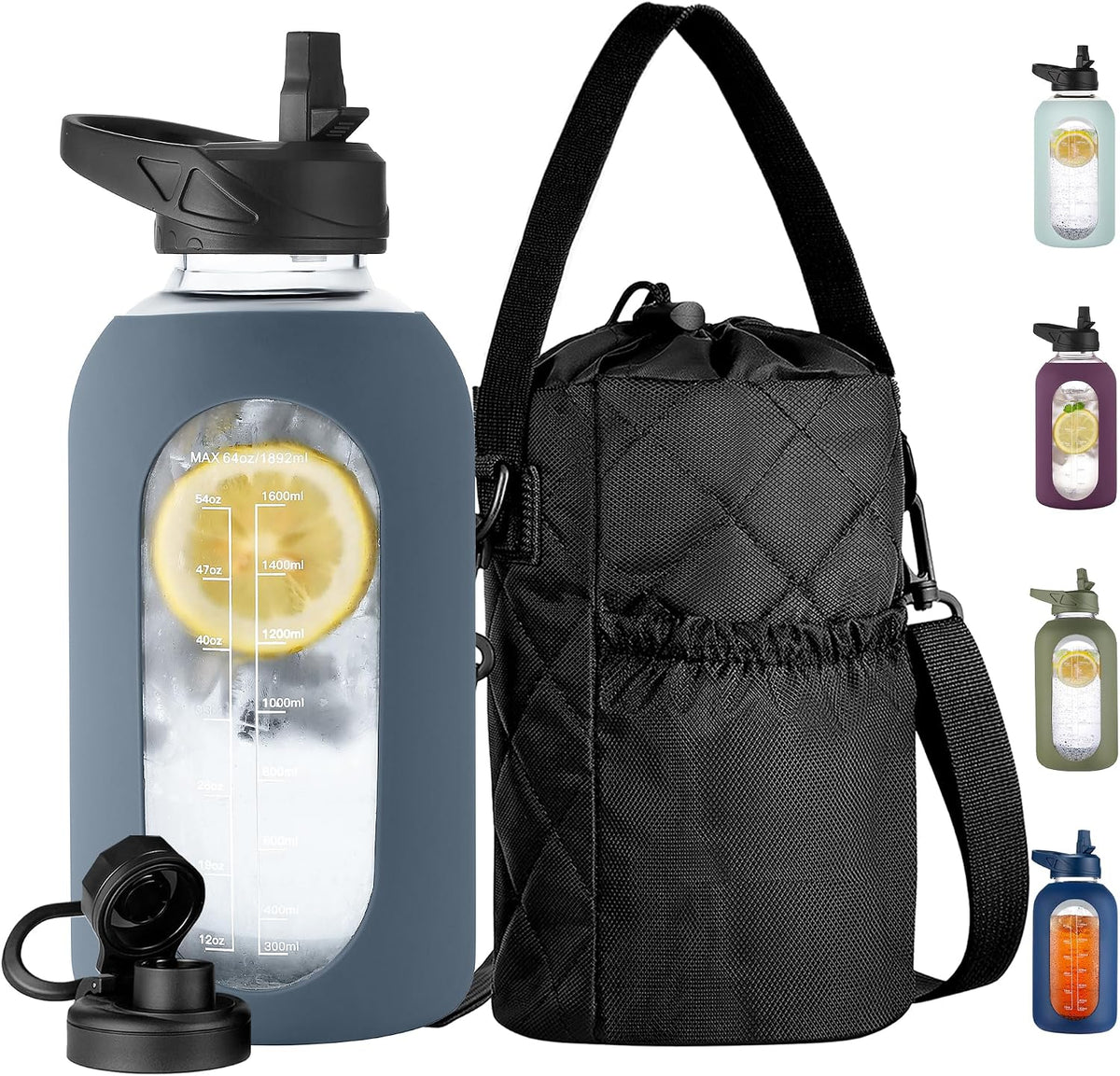 64 Oz Glass Water Bottle with Straw and Insulated Bottle Holder