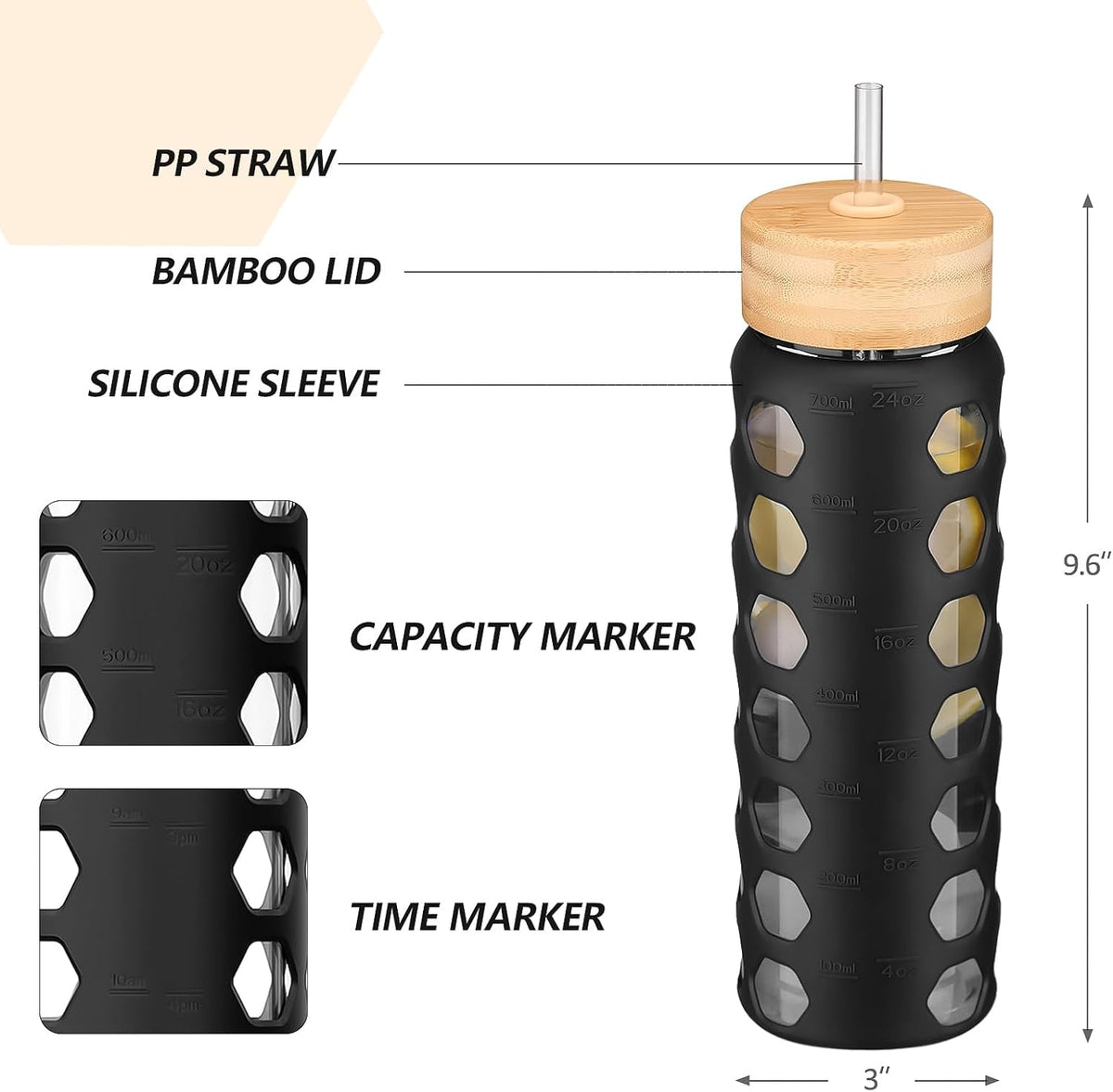 Glass Water Bottle, 24Oz, Black
