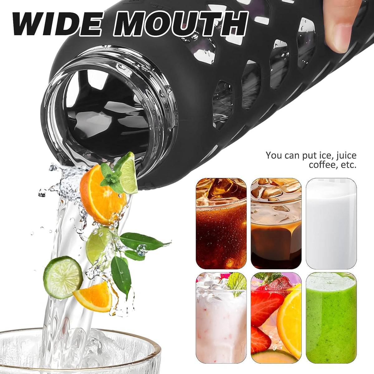 Glass Water Bottle, 24Oz, Black