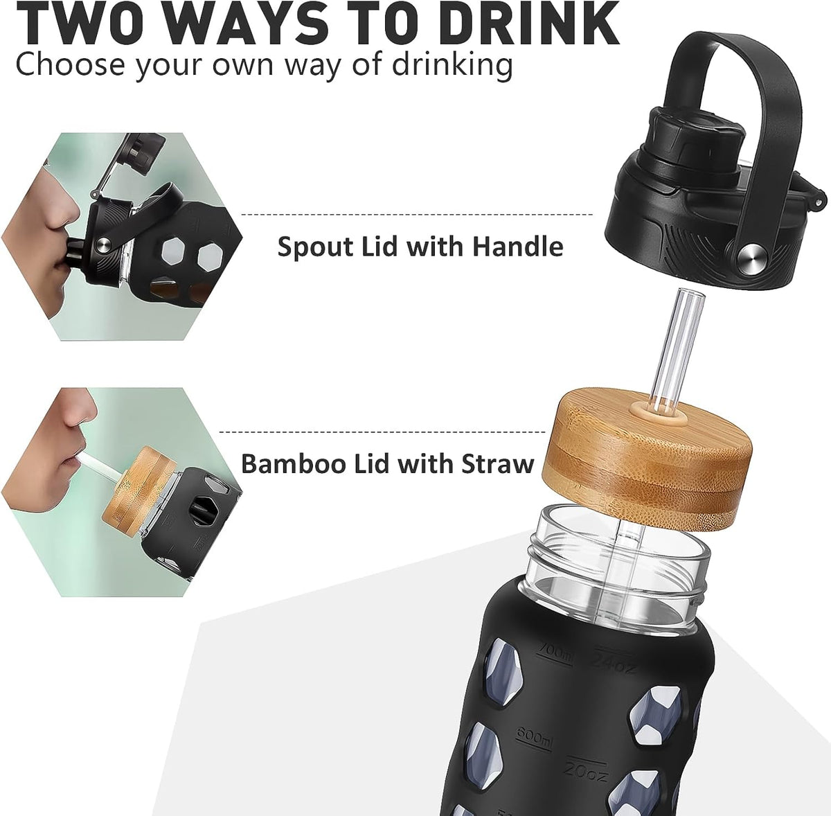 Glass Water Bottle, 24Oz, Black