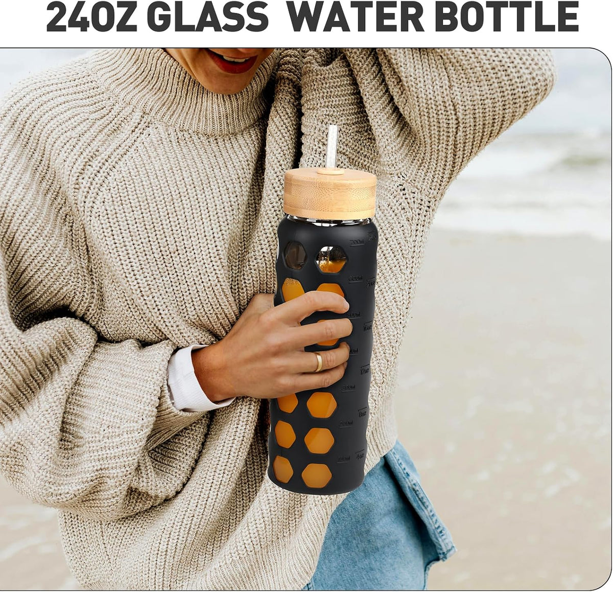 Glass Water Bottle, 24Oz, Black